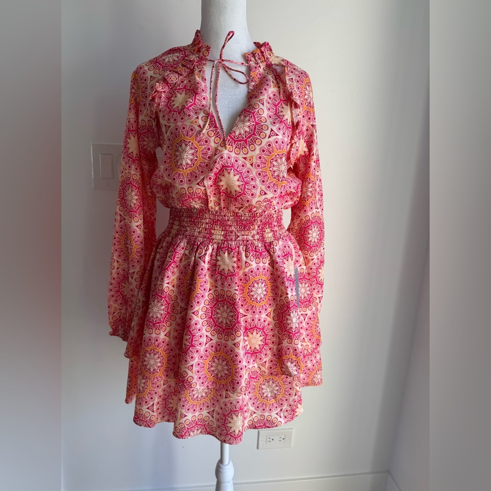 NSR Women's Small Pink Geometric Valentina Elastic Smock Waist Mini Dress NEW